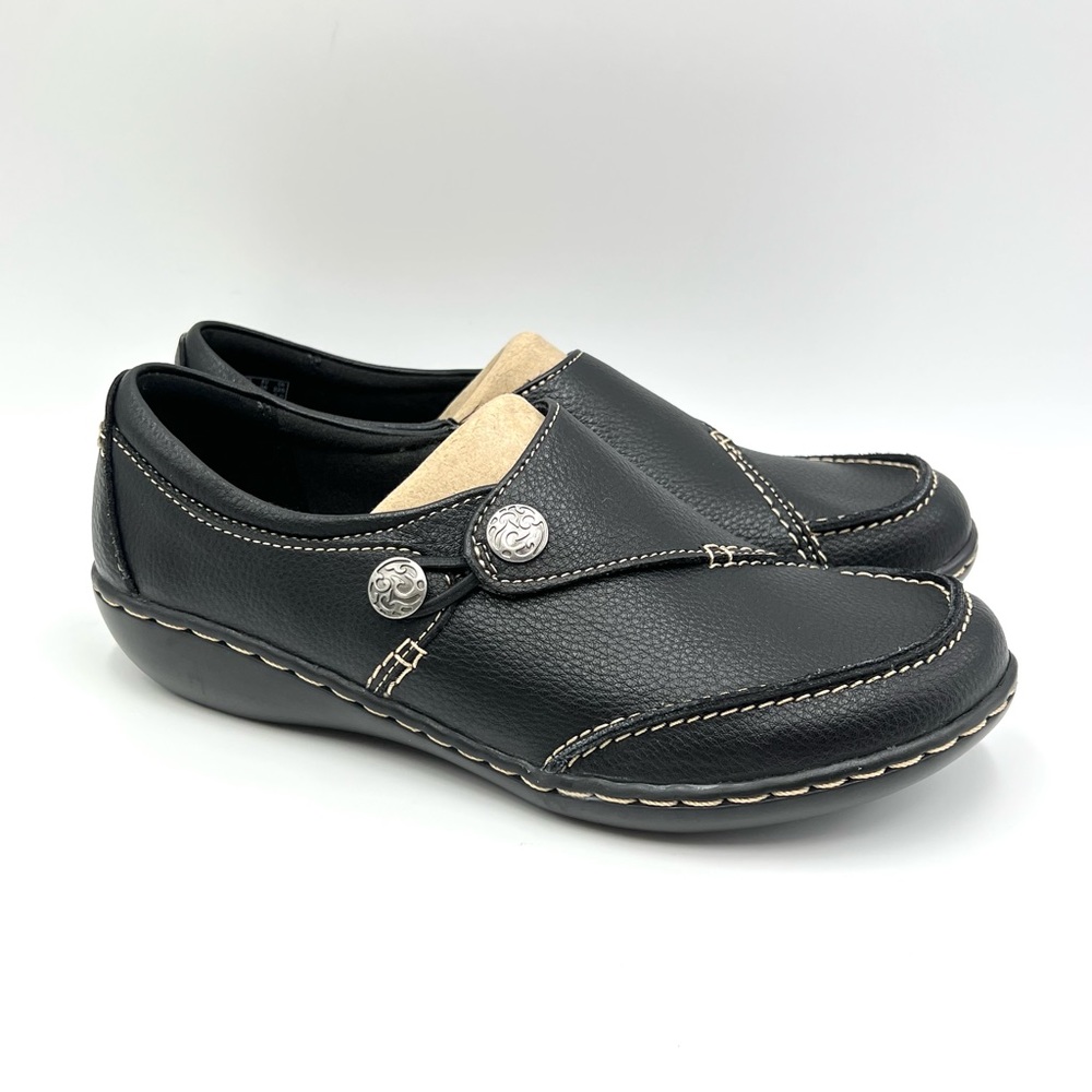 6W 6 WIDE WIDTH Clarks Womens Ashland‎ Lane Black Leather Slip On Loafers Shoes